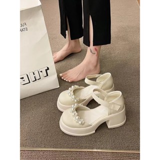 實拍免運 厚底皮鞋 瑪麗珍 珍珠包頭粗跟涼鞋女2023年夏季新款時尚百搭法式僊女風瑪麗珍單鞋