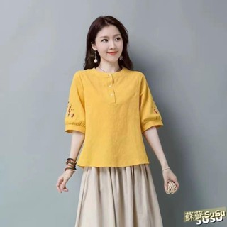 蘇蘇🌸免運 大尺碼女裝 棉麻t恤 民國中式唐裝女夏季復古棉麻茶服禪意漢服改良中國風女裝旗袍上衣 襯衫 大碼女裝 時尚洋