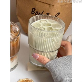 臺灣出貨ins豎條紋玻璃咖啡杯帶蓋帶吸管水杯傢用高顏值竹節杯拿鐵牛奶杯🌸KK好物 D3LV