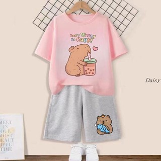 100%純棉 卡皮巴拉衣服周邊 可愛水豚君 capybara水豚 兒童短袖套裝Daisy3