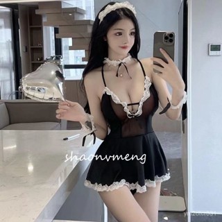 情侶裝備🈲性感情趣內衣女傭製服誘惑女僕洛麗塔純慾蕾絲花邊弔帶超短睡裙女 9WDA