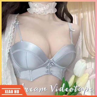 ✨XIAOHU✨夏季新款新品上市日系法式緞面內衣少女防滑無肩帶無鋼圈小胸顯大集中爆乳純欲魚骨紋簡約內衣罩套裝