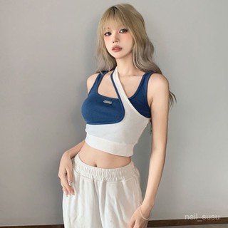【限時特賣】背心女 吊帶背心 女生背心 辣妹背心 小可愛 休閒運動風撞色假兩件拼接不規則吊帶背心女短款無袖上衣內搭外穿