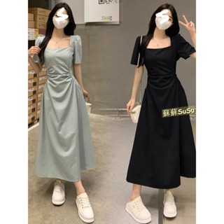 蘇蘇🌺大碼夏季法式高階mm顯瘦方領連衣裙新款女裝氣質收腰森系a字裙 大尺碼洋裝 短袖長洋 夏季洋裝 連身裙 夏季長洋