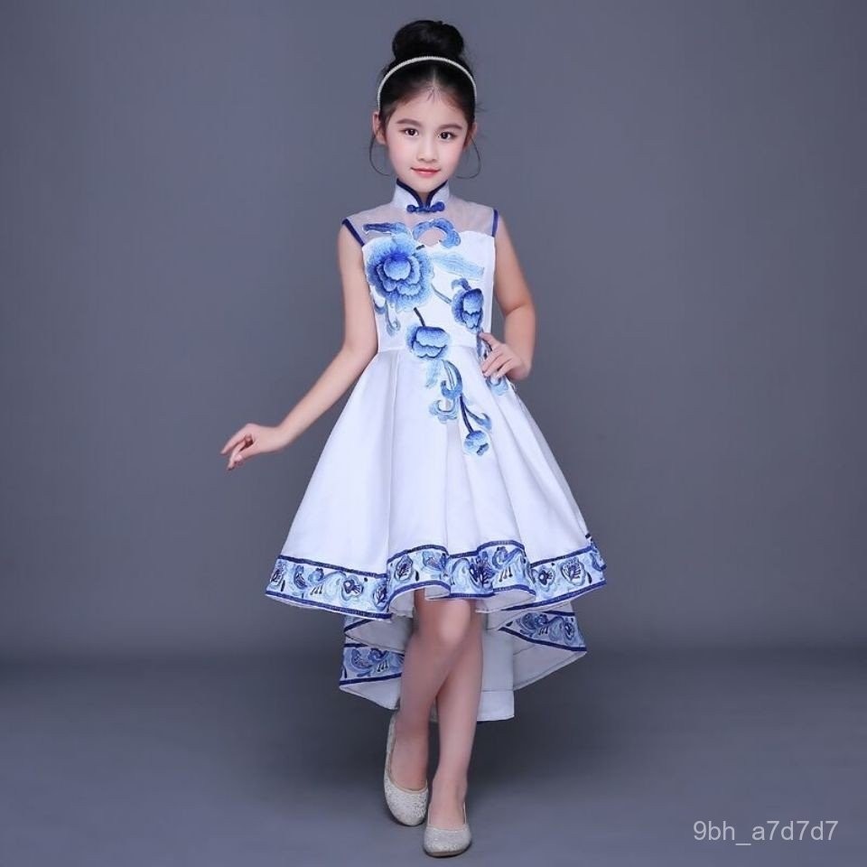 【台灣發貨】女童旂袍禮服中大童青花瓷兒童古箏錶演服演出拖尾連衣裙六一夏裝★免運