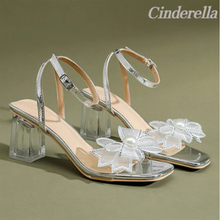 Cinderella 真皮扣帶蝴蝶結涼鞋夏季中跟粗跟 粗跟水晶 拖鞋 女涼鞋 女高跟鞋 粗跟涼鞋 透明 高跟鞋 水晶涼鞋