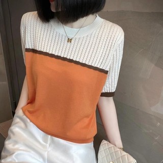 SY短袖上衣時尚高階感鏤空提花拚色短袖針織上衣女夏裝減齡設計感圓領薄上衣潮
