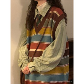 點心喵 森系穿搭 日系森林系 日系穿搭 森林系 日系女裝 兩件式套裝 複古學院風彩色條紋針織衫毛衣馬甲背心疊穿條紋襯衣