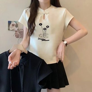 T恤 短袖女 上衣💕100%純棉民族風國風2024年夏季新款短袖t恤女短款盤扣百搭上衣女