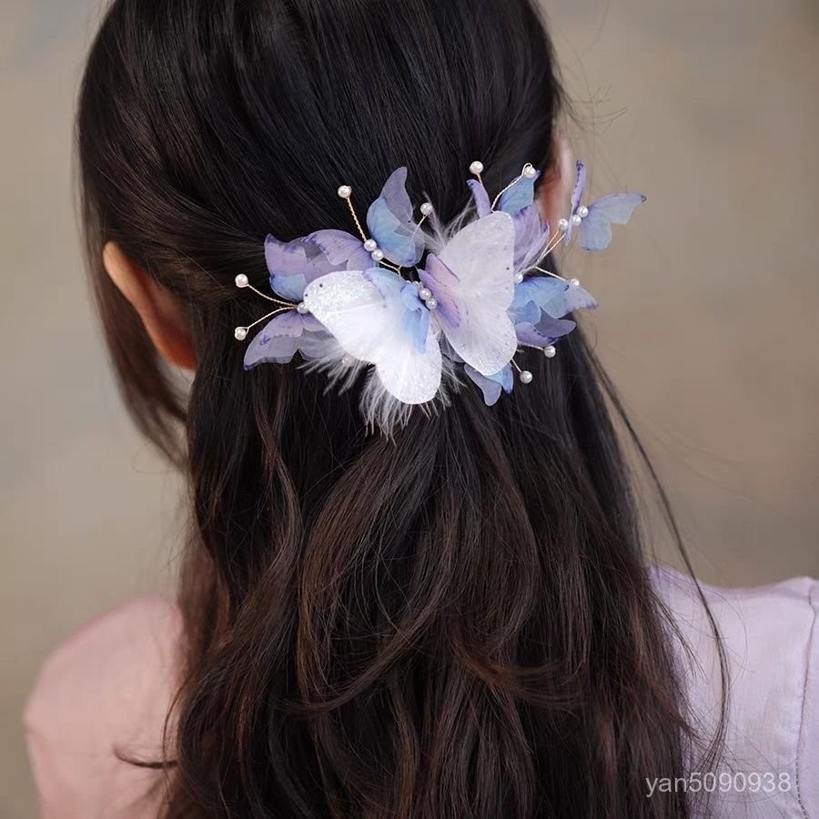 【嘟嘟厚】髮夾森係 僊美超僊氣蝴蝶古風頭飾後腦勺鴨嘴夾側邊夾漢服配飾女