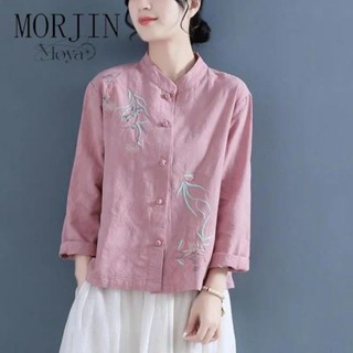 中國風刺繡棉麻襯衫復古盤扣長袖立領茶服寬松打底亞麻上衣2024春 大尺碼T恤 長袖上衣 民族風上衣 禪意茶服 文藝T恤