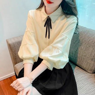 雪紡長袖上衣女 七分袖燈籠袖襯衫女高階2024年春夏季新款設計感寬松百搭雪紡上衣 薄長袖上衣 女生防曬雪紡襯衫 春秋長袖