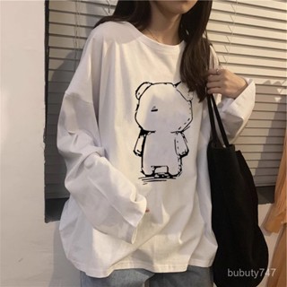 免運 M-3XL 早秋季長袖T恤 圓領T 大尺碼打底衫 100%純棉 長袖女 上衣 T恤 卡通上衣 韓版上衣 bubu