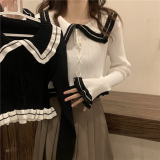 大碼長袖 長袖女 上衣💕撞色娃娃領長袖針織衫秋冬季上衣女新款設計感小眾韓系短款打底衫