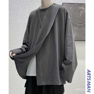 長袖男 長袖T賉 秋季長袖男T恤潮牌寬鬆韓版純色開叉上衣 情侶披風百搭 T賉男 美式 港風 長袖上衣 寬鬆 情侶 大尺碼
