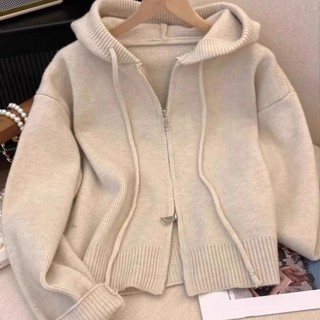 小可家寬鬆慵懶拉鏈減齡外搭毛衣女開衫2024早春新款韓版連帽針織衫外套 秋季上衣 針織上衣 薄款秋季開衫