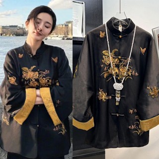 中國風上衣女 楊冪同款衣服新中式上衣高階感洋氣改良唐裝提花盤扣國風襯衫女裝 新中式上衣 長袖襯衫女 大尺碼春秋長袖女