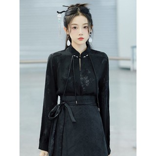 中國風上衣女 黑色立領襯衫長袖新中式國風改良漢服上衣配馬面裙的襯衣女款秋季 新中式上衣 長袖襯衫女 大尺碼春秋長袖女