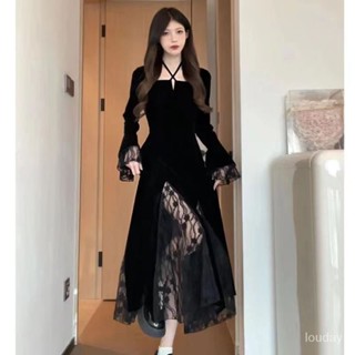 【Free Girl】法式赫本風黑色掛脖絲絨連衣裙內搭黑裙蕾絲裙子 性感長裙 包臀顯瘦長裙 活動禮服 韓版洋裝 連身裙