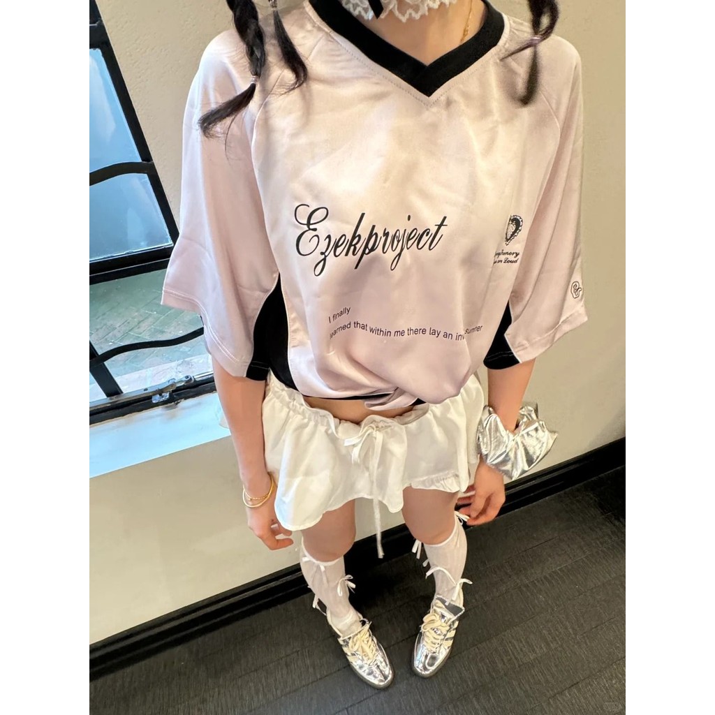美式足球服 美式球衣 復古球衣 棒球衣 棒球上衣 橄欖球衣 棒球衣服 冰球服 美式粉色設計球衣風T恤女字母印花時尚V領