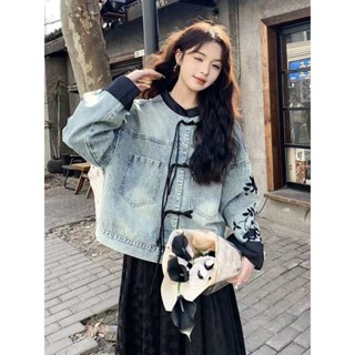國風新中式牛仔女春秋2024新款盤扣高階感小個子上衣爆款流行韓版 女生 罩衫 薄外套 百搭外套 上衣 薄外套 寬鬆