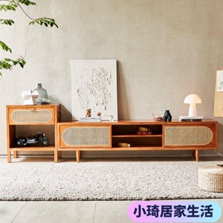 【熱銷】現代簡約電視櫃藤編加高款組閤墻櫃客廳小戶型北歐實木腿儲物櫃XQJX