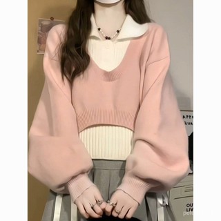 【PE】粉色polo領毛衣女春秋氣質針織衫兩件套短款上衣韓係百搭慵懶風