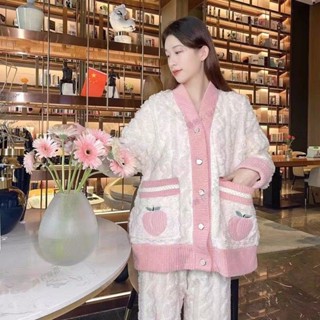 Meet.You.睡衣女秋冬珊瑚絨長袖加絨加厚可愛法蘭絨家居服套裝外穿v領睡衣
