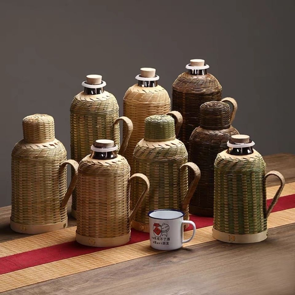 竹編保溫杯 竹編熱水壺家用復古傳統木塞保溫瓶茶室辦公室保溫壺玻璃膽熱水瓶