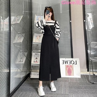 大尺碼~大碼女裝早秋2021年新款條紋上衣吊帶裙時尚套裝顯瘦微胖mm兩件套吊帶裙 裙子女 連衣裙 吊帶牛仔裙