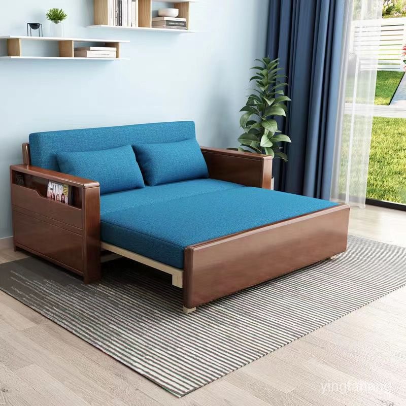 限時免運 多功能實木沙發床兩用小戶型可折疊佈藝沙發簡易雙人坐臥客廳傢具沙發床 折疊沙發床 床 床架 沙發 EYZX