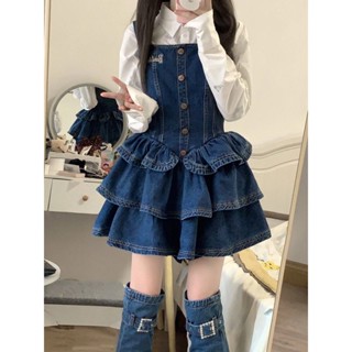 點心喵 畢旅穿搭 美拉德穿搭 秋天穿搭 早秋穿搭 複古牛仔弔帶連衣裙2024新款百搭襯衫收腰蓬蓬裙子小個子短裙套裝