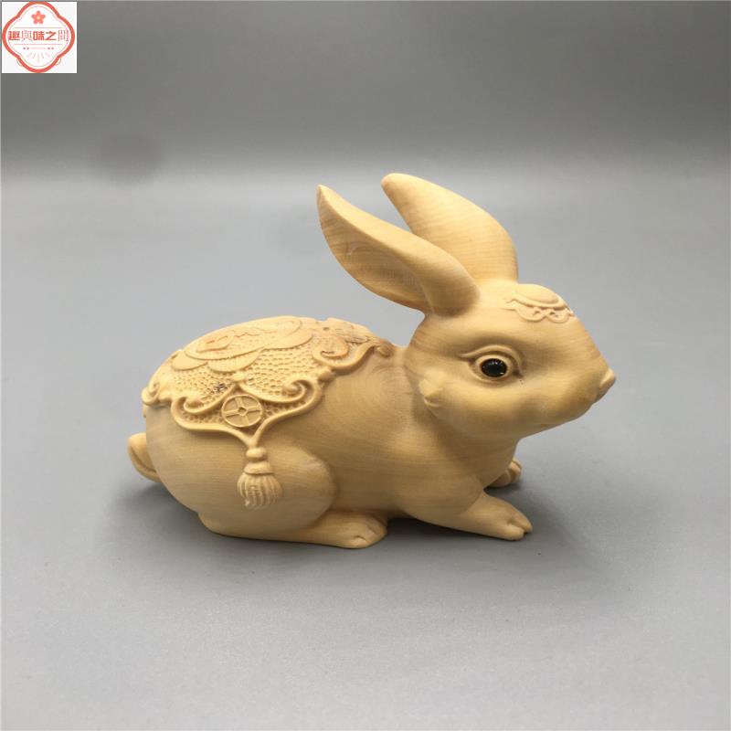 小葉黃楊木雕刻兔子擺件手把件木頭生肖小白兔家居裝飾掛件工藝品