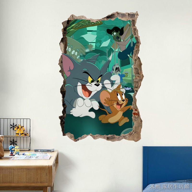 裝飾壁貼 3d牆貼 卡通壁貼立體牆紙仿真3D 貓和老鼠卡通幼兒園墻紙自粘3d立體墻貼兒童房間臥室墻上裝飾貼墻