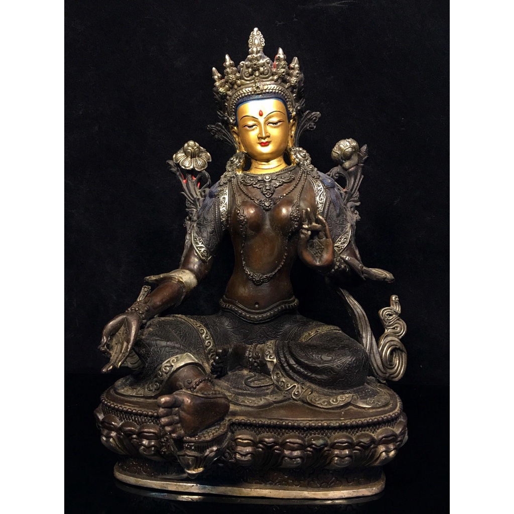 純銅佛像 菩薩像 供奉神像 尼泊爾工藝純銅鎏銀畫臉綠度母佛像，重2.3公斤，45080R-796