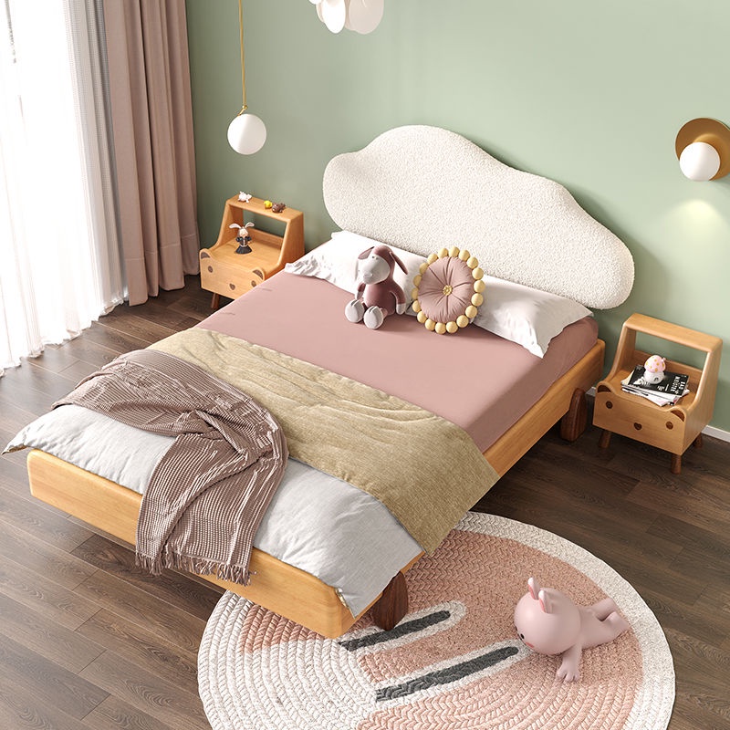 床 床架 雙人床 北歐實木兒童床男孩軟包床簡約現代1.2米雲朵床1.5軟靠無漆實木床
