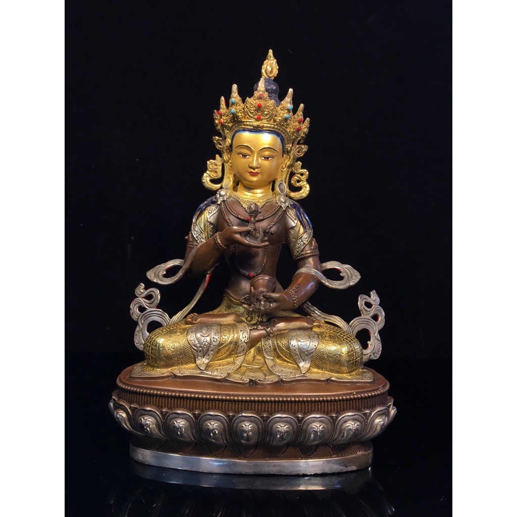純銅佛像 菩薩像 供奉神像 尼泊爾工藝純銅畫臉鑲嵌松石珊瑚搓金鎏銀金剛薩埵佛像，重2.2公斤，46080R-1456