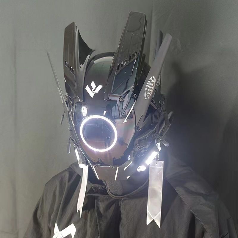 kiki萬圣節賽博朋克面具圓燈機翼辮子假面騎士機甲發光機械科技頭盔