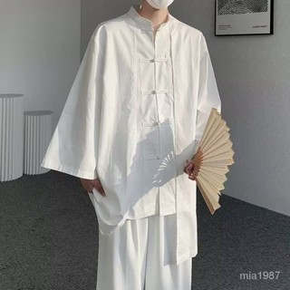 【優選好物】新中式男裝詰襟襯衫男盤扣冰絲短袖襯衣中山唐裝七分袖中國風上衣 OB3G