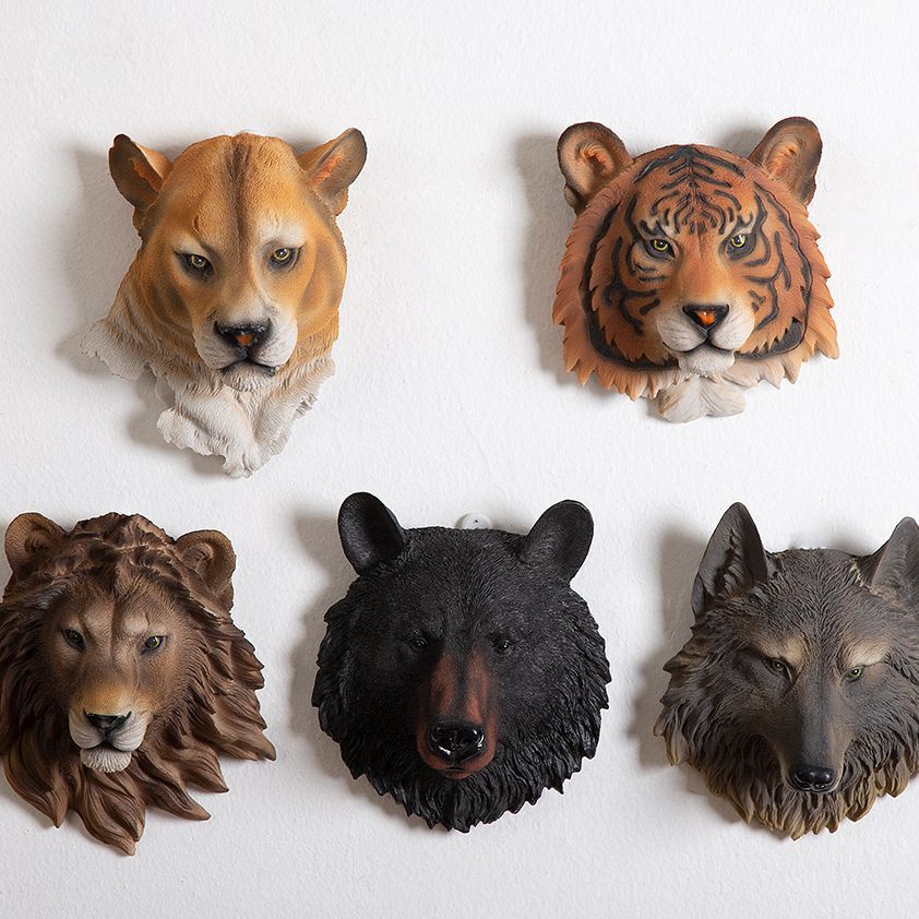 墻壁裝飾 仿真動物墻飾 亞馬遜樹脂仿真立體動物頭壁掛狼頭獅子頭壁飾墻上裝飾品酒吧掛件 墻壁裝飾品 仿真動物