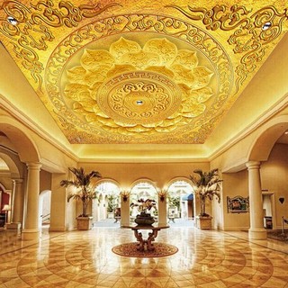 金色蓮花吊頂壁紙祥雲中式佛教花紋壁畫酒樓佛堂寺廟天花板墻紙崇源