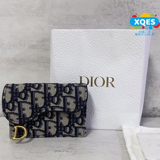 小柒二手 DIOR OBLIQUE SADDLE FLAP 迪奧 藍色 老花 帆布 皮夾 短夾 卡夾 零錢包