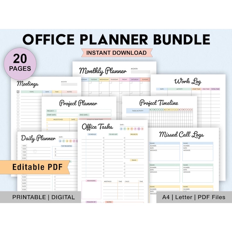 可編輯的辦公室任務計劃包、可列印的工作日程計劃表