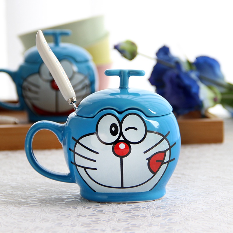 【帶蓋帶勺】哆啦A夢叮噹貓創意卡通杯子陶瓷馬剋杯水杯咖啡杯子