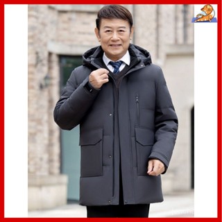 中老年男裝 爸爸衣服 外套男 男士秋冬冬季冬天絨毛保暖防寒鴨絨長版輕羽絨外套 2023中老年短款羽絨服男中長款爸爸裝