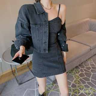 【真的很哇塞~】韓版套裝裙 春秋新款套裝 女生套裝 洋氣套裝 小香風套裝 牛仔套裝 牛仔外套+弔帶連衣裙 時尚套裝
