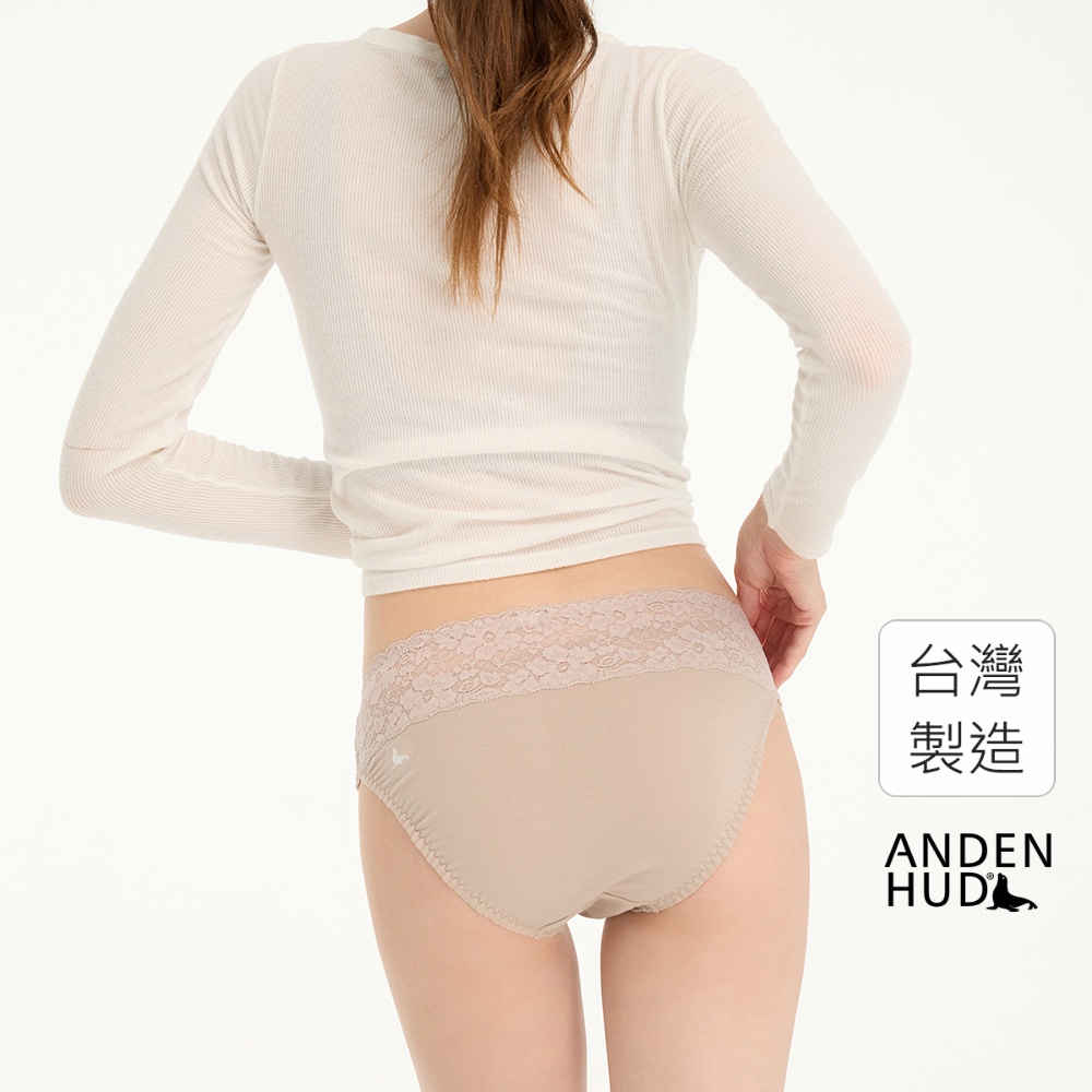 【Anden Hud】抗菌系列．抓皺蕾絲中腰三角內褲(格灰-刺繡海狗) 純棉台灣製