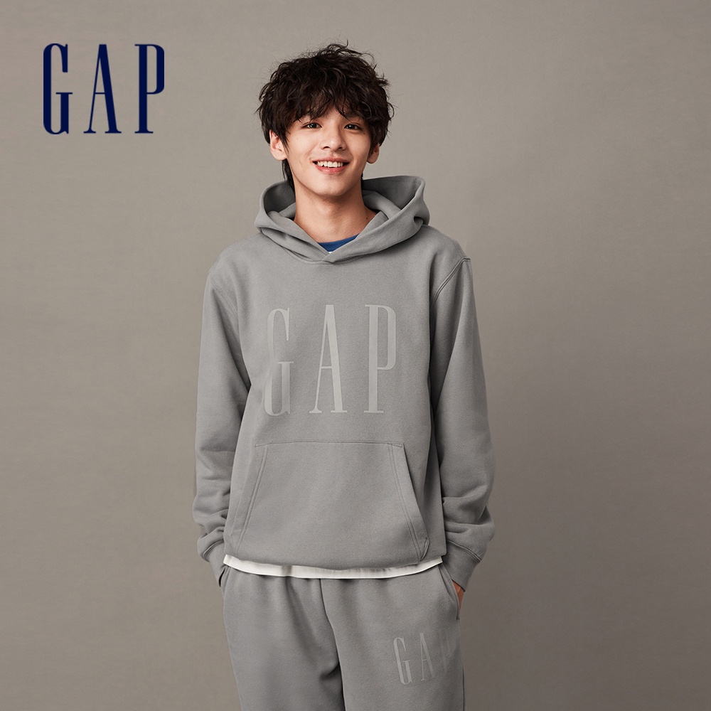 Gap 男女同款 Logo刷毛帽T 碳素軟磨系列-灰色(841332)