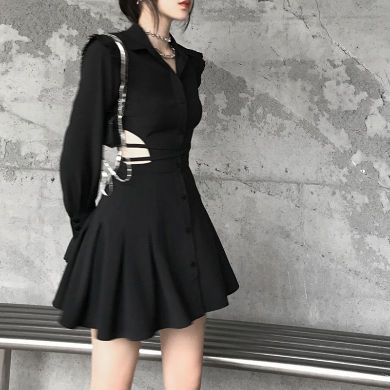 Anna's 赫本風法式黑色別緻裙子腰部鏤空純欲春秋又颯襯衫洋裝女 洋裝小禮服