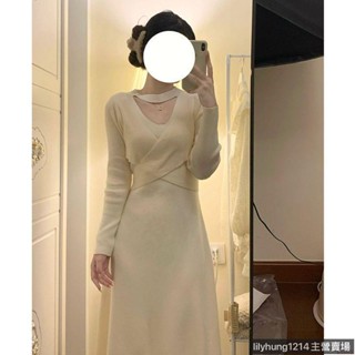 【新款熱銷】設計感小眾掛脖連衣裙女秋冬新款氣質收腰顯瘦打底內搭中長裙秋冬洋裝秋冬長裙秋冬晚禮服裙套裝